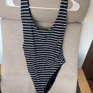 Low back, high leg, striped one piece swimsuit!